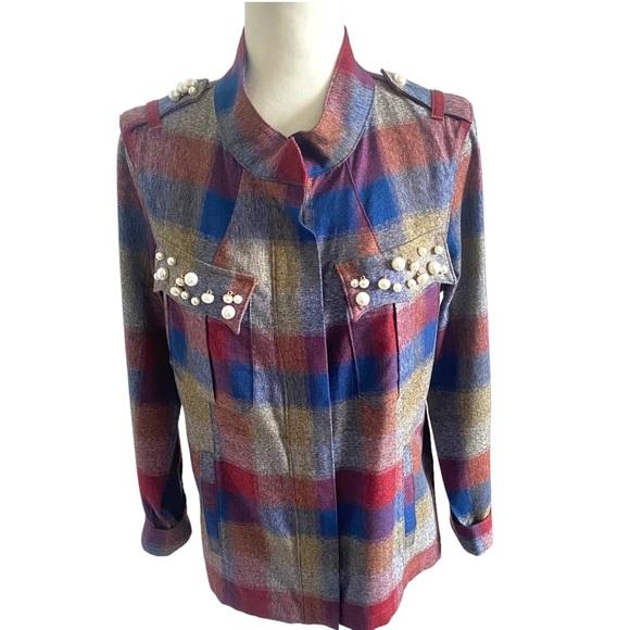 cabi plaid jacket Pearl collage size M medium maroon blue zipper mock neck - Picture 13 of 15